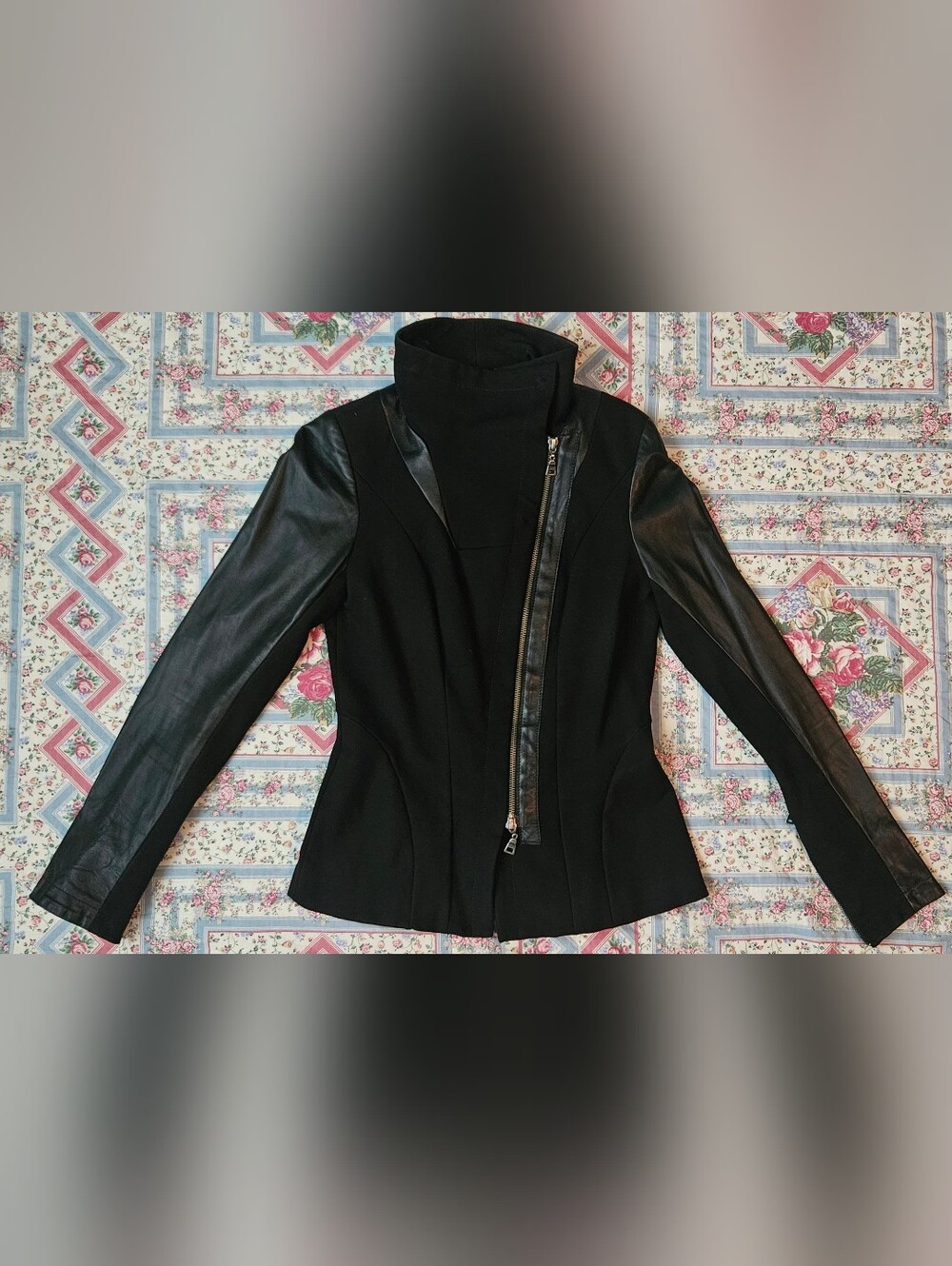 Black Asymmetric-Zip Peplum Leather Jacket